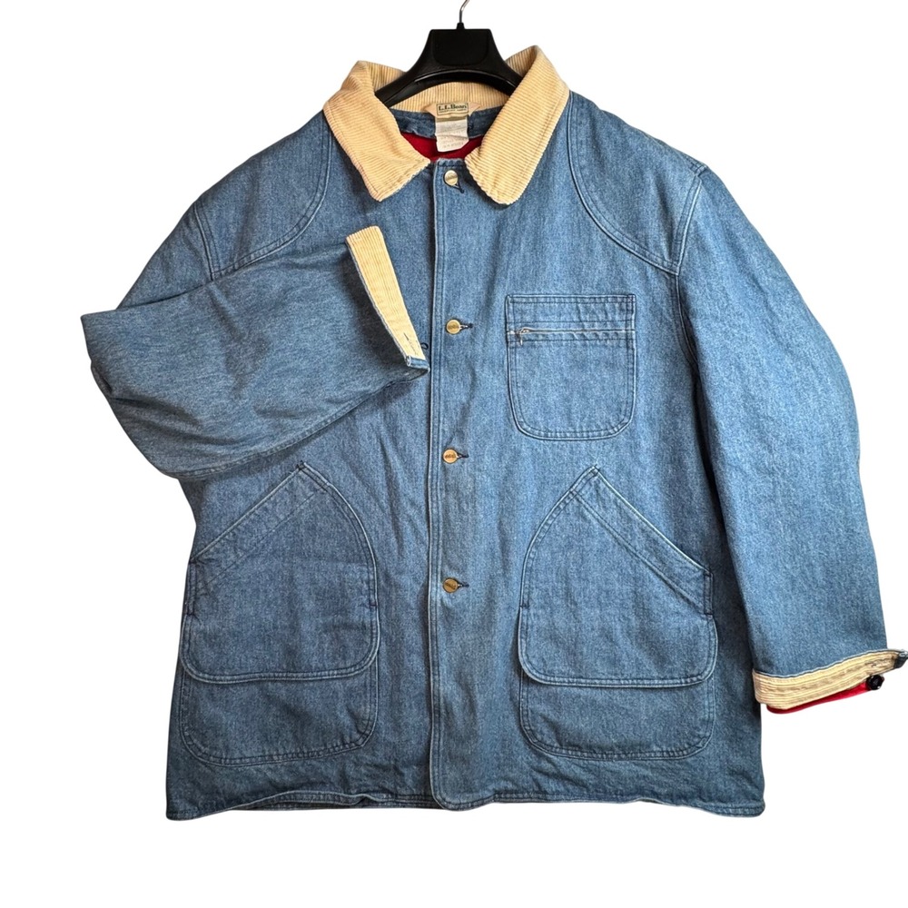 LL Bean Vtg Denim Field Barn Chore Coat Wool Lined Corduroy Collar Men 2XLT